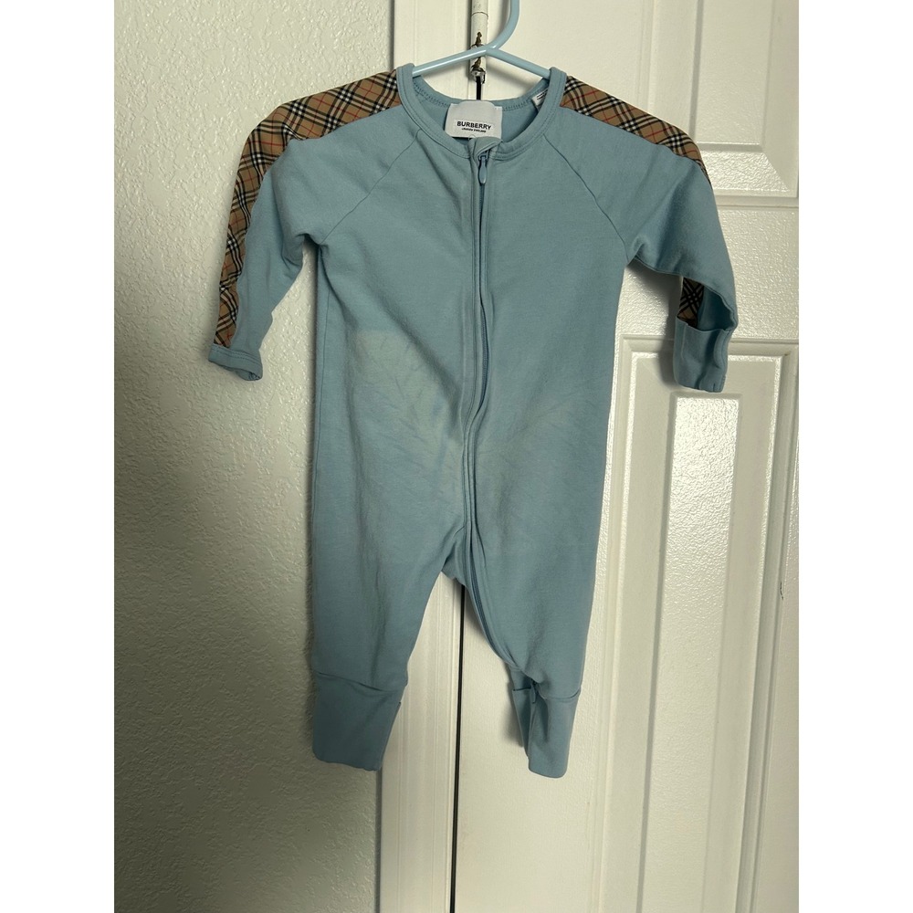 Burberry Baby Boys Blue Vintage Check Stripe Zip Up Romper One Piece 3M 62cm